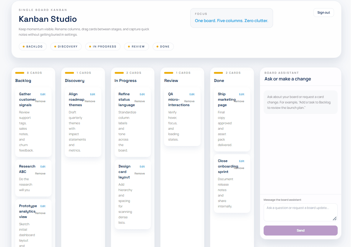 Kanban Studio showing five columns of cards, with the AI assistant sidebar open.